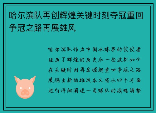 哈尔滨队再创辉煌关键时刻夺冠重回争冠之路再展雄风