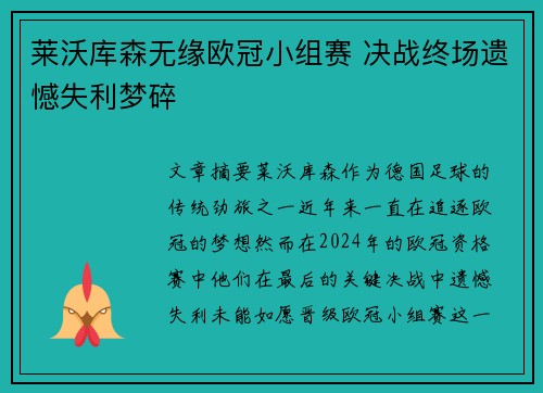 莱沃库森无缘欧冠小组赛 决战终场遗憾失利梦碎