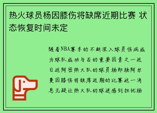 热火球员杨因膝伤将缺席近期比赛 状态恢复时间未定