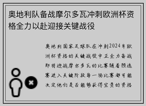 奥地利队备战摩尔多瓦冲刺欧洲杯资格全力以赴迎接关键战役