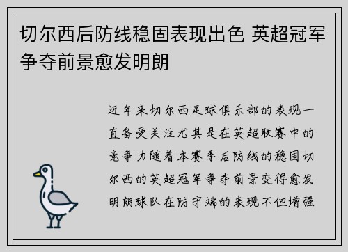 切尔西后防线稳固表现出色 英超冠军争夺前景愈发明朗