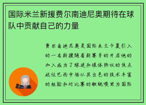 国际米兰新援费尔南迪尼奥期待在球队中贡献自己的力量