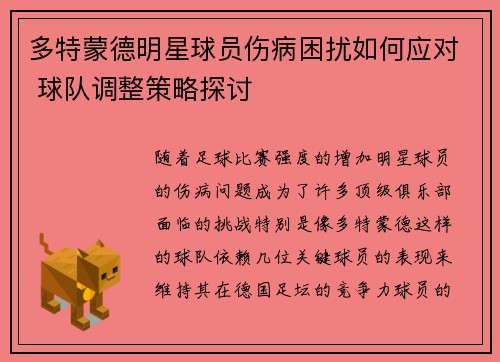 多特蒙德明星球员伤病困扰如何应对 球队调整策略探讨
