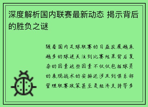 深度解析国内联赛最新动态 揭示背后的胜负之谜