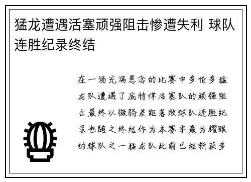 猛龙遭遇活塞顽强阻击惨遭失利 球队连胜纪录终结