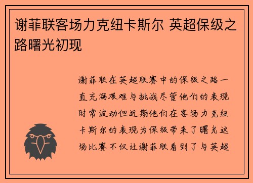 谢菲联客场力克纽卡斯尔 英超保级之路曙光初现