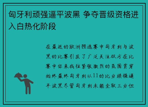 匈牙利顽强逼平波黑 争夺晋级资格进入白热化阶段